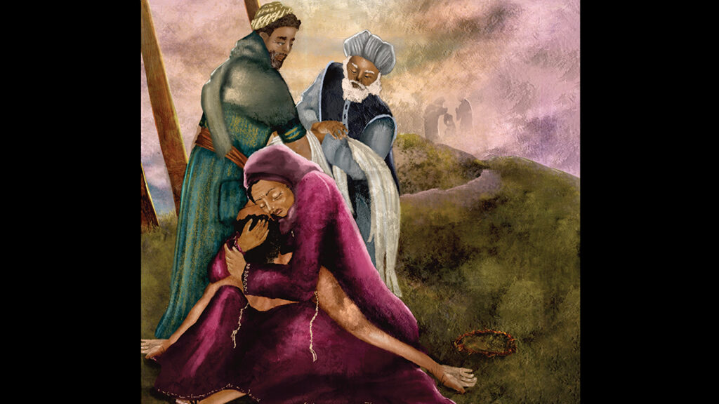 A MOTHER MOURNS — Mary holds Jesus’ body after the crucifixion. Artist LaTonya Jackson, an educator and author-illustrator, uses textures to capture the multilayered lives of children of color. This picture illustrates the story “Jesus Suffers.”