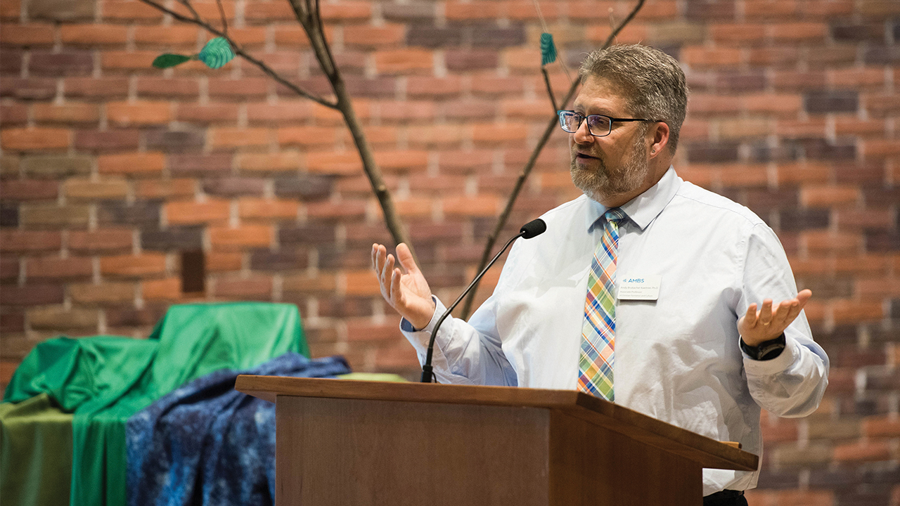 Andy Brubacher Kaethler, associate director of the Institute of Mennonite Studies, welcomes participants to “Jews and Mennonites: Reading the Bible after the Holocaust” on May 8. — Jason Bryant/AMBS
