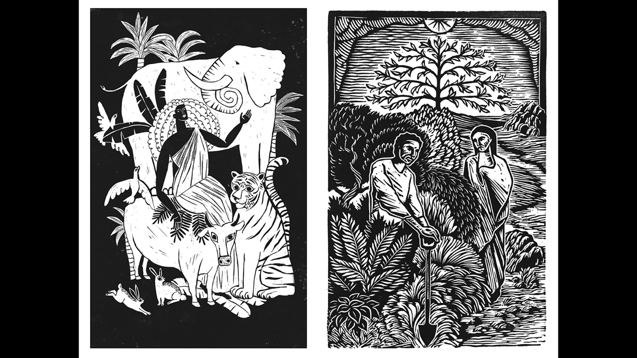 Drafts of two images submitted by Dona Park (left, Women Wisdom, Proverbs 8-9) and Matthew Regier (right, Mary and the Gardener at the Tomb, John 20:1-18) give a sense of the artwork that will accompany the Anabaptist Community Bible. — MennoMedia