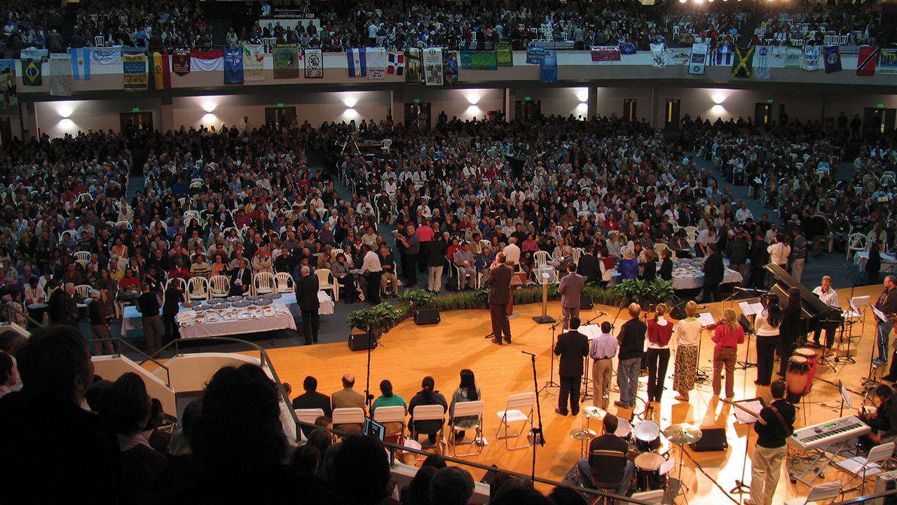 National flags hang among the banners at the 2009 Mennonite World Conference assembly in Paraguay. — Mennonite World Conference