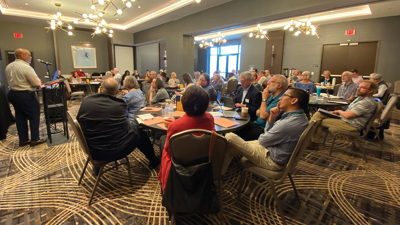 Conference leaders and others listen to a presentation by Glen Guyton, executive director of Men­nonite Church USA, at the Constituency Leaders Council meeting in San Antonio, Texas, in March. — Camille Dager/MC USA