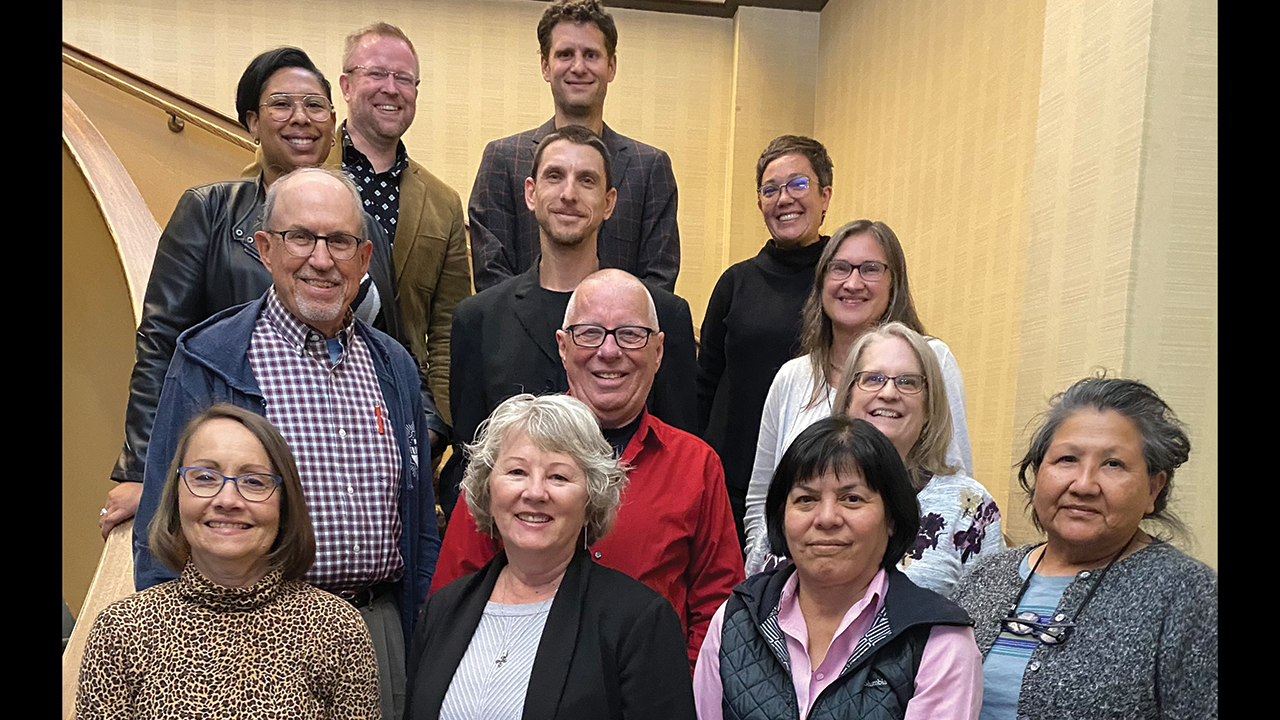 Mennonite Church USA Executive Board members met in Cleveland Oct. 18-20. Front row, from left: Marty Lehman, Linda Dibble, Margie Mejia-Caraballo, Susan Hart. Second row: Mitch Kingsley, Phil Helmuth, Karen Zehr. Third row: Lesley Francisco McClendon, Todd Lehman, Rosetta Landis. Fourth row: Jon Carlson, Thomas Dunn, Emily Merolli. Not pictured: Richard Aguirre, Chaiya Hadtasunsern, Jerrell Williams. — Camille Dager/MC USA