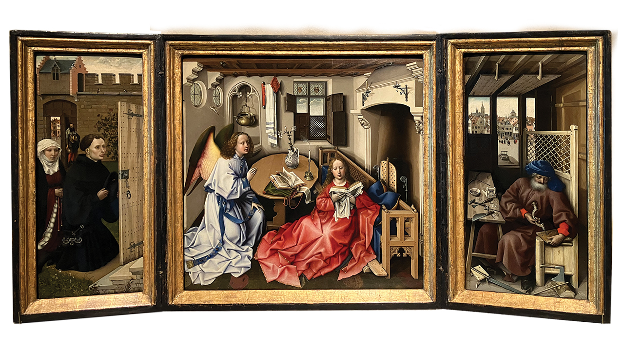 The Annunciation Triptych — on view at The Cloisters, a branch of the Metropolitan Museum of Art in New York City — features a central panel depicting the angel Gabriel about to tell Mary that she will be the mother of Jesus. On the right wing, Joseph works in his carpenter’s shop. On the left wing, the donors who commissioned the work appear to witness the central scene through an open door. The couple would have purchased the triptych for their family’s use in private prayer. The painting is attributed to the workshop of Robert Campin, circa 1427-32, South Nederlandish (present-day Belgium). — Paul Schrag/AW