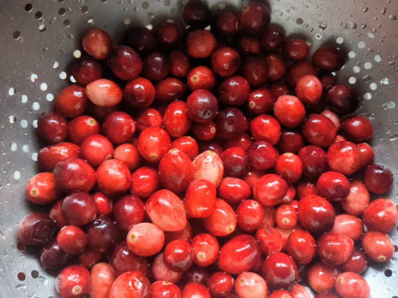 Red berries in a silver sieve