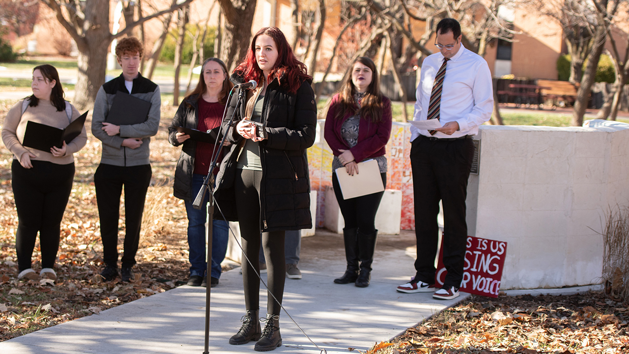 Hesston College student Meg Beyer speaks at the Healing Circle dedication Dec. 4. — Larry Bartel/Hesston College