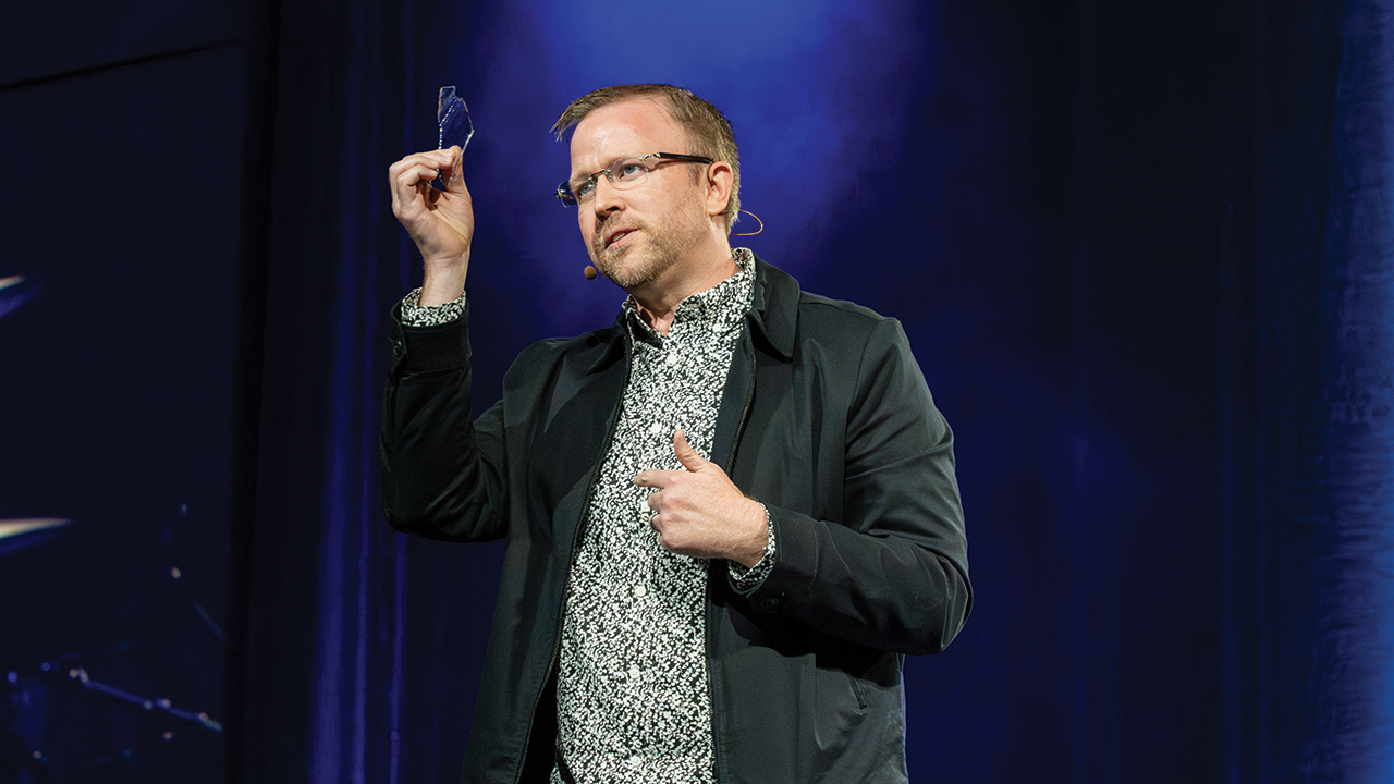 Jon Carlson addressed the closing worship service of the Mennonite Church USA convention in Kansas City, Mo., on July 6. “God is working to restore all that has been broken,” he said. — Ken Krehbiel/MC USA