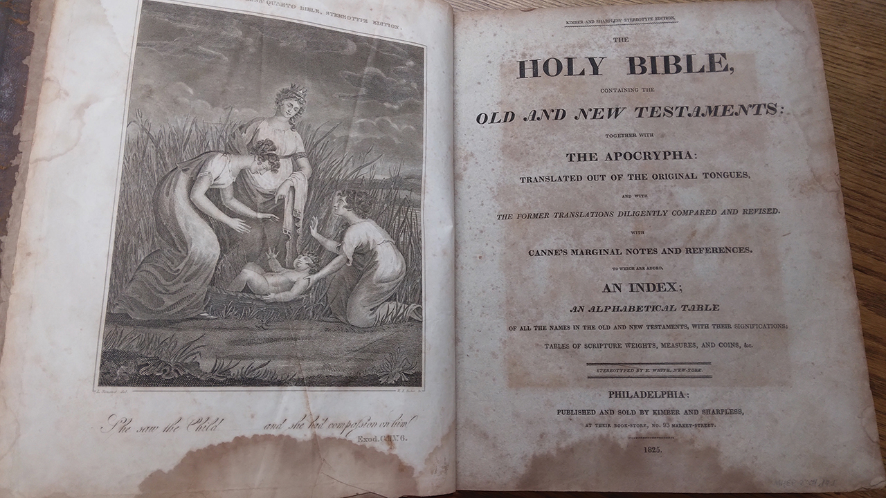 David G. Allebach family Bible from 1825. Allebach was a deacon at the Towamencin congregation, Kulpsville, Pa., in the 1830s and 1840s. This King James Bible would have been used at home, since the Mennonites in this area did not yet speak English during worship. — Eileen Kinch/AW