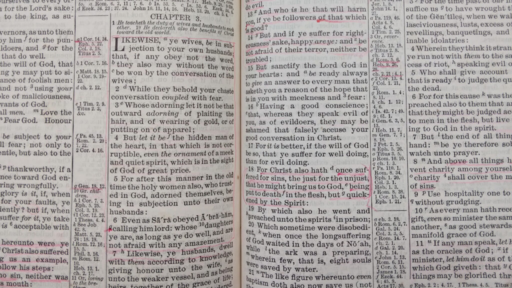 A page from the King James Bible of Warren G. Bean, open to 1 Peter 3:3, a verse important to those working on the Traditional Text Bible project. — Eileen Kinch/AW