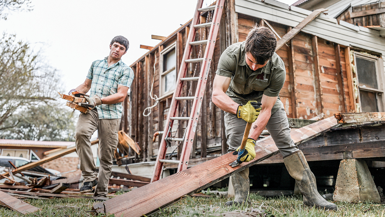 On Feb. 14, 2023, Mennonite Disaster Service volunteers in Welsh, La., rebuild after Hurricane Laura, which struck Louisiana in 2020. — Caleb Gingerich/MDS