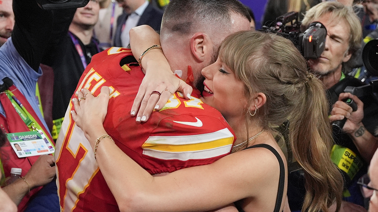 Kansas City Chiefs tight end Travis Kelce embraces Taylor Swift after the Super Bowl Feb. 11 in Las Vegas. — John Locher/AP