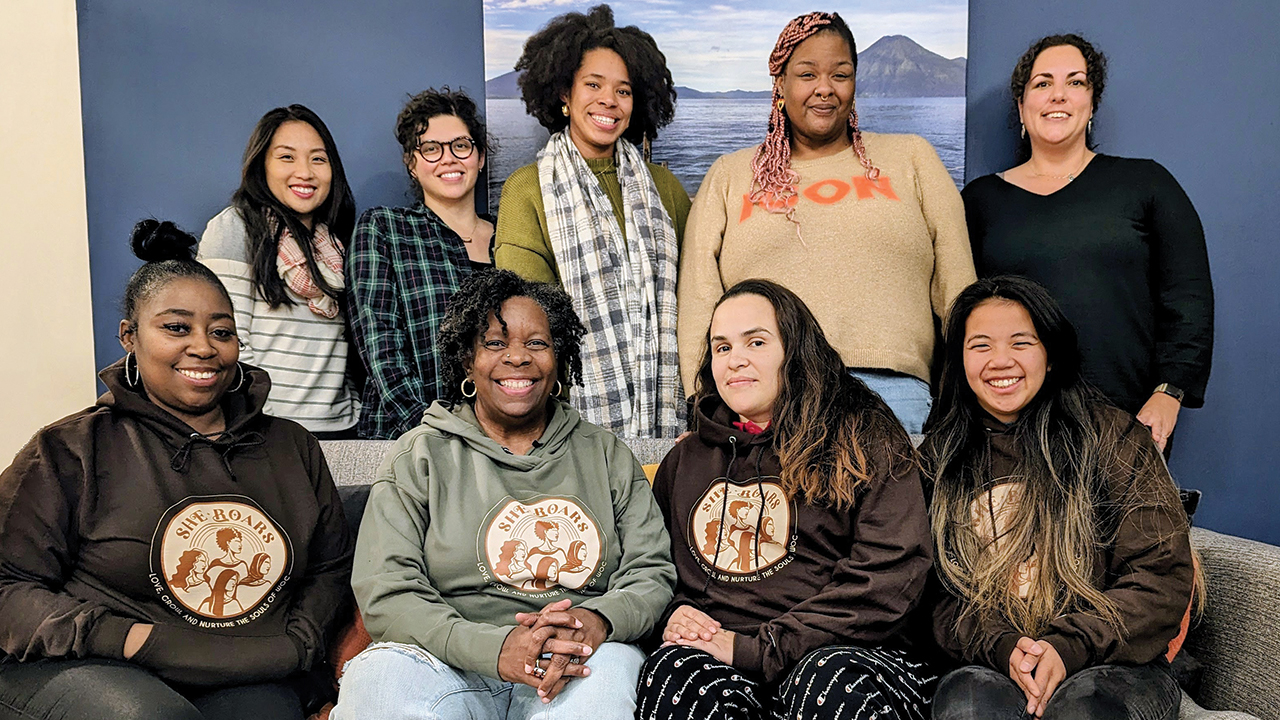 2023 SheRoars cohort participants, coaches and educators at their annual celebration gathering in Chicago. Back row, from left: Betty Chan, Liset Adkins, Alyssa Cuffie, Micah Rose, Anna Kendig Flores. Front: Jennetta Thompson, Andrea Sawyer Kirksey, Emma Vijill, Emma Eitzen. — We Collectively