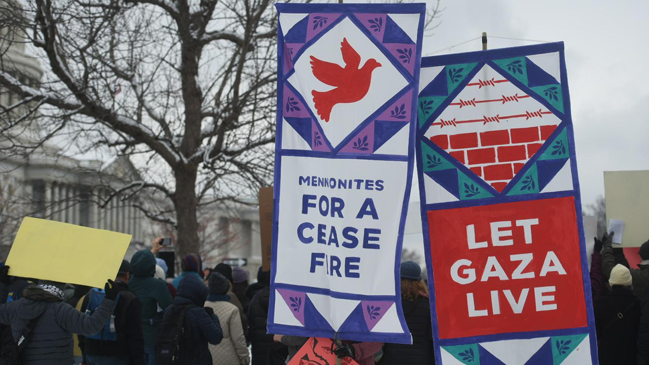 Demonstrators hold a peace service outside the U.S. Capitol and the House of Representatives’ Cannon House Office Building Jan. 16 in Washington, D.C. — Mennonite Action