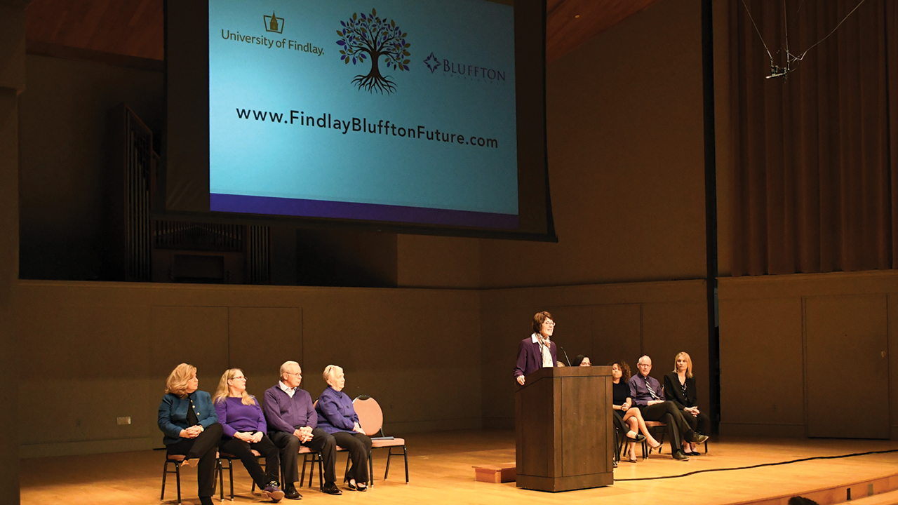 Bluffton University President Jane Wood speaks during the March 20 announcement of plans for Bluffton and University of Findlay to merge. — Bluffton University
