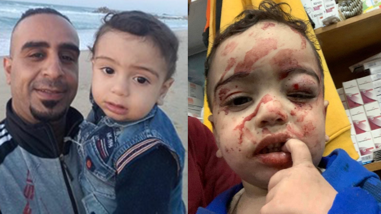 LEFT: Amgad Al-Mhalwi with his son Majd on Gaza beach before the war. RIGHT: Al-Mhalwi’s son Ibrahim on the evening of Nov. 19. — Amgad Al-Mhalwi