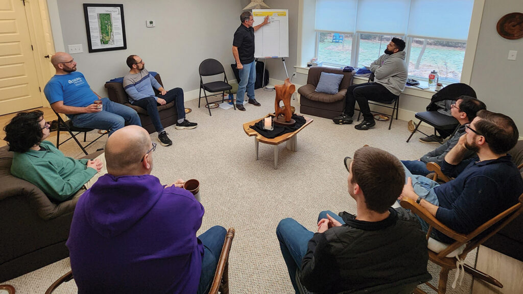 Steve Thomas leads a “Living That Matters” gathering of Goshen College faculty and employees Feb. 3 at Pathways Retreat in Goshen, Ind. — Kevin Shultz