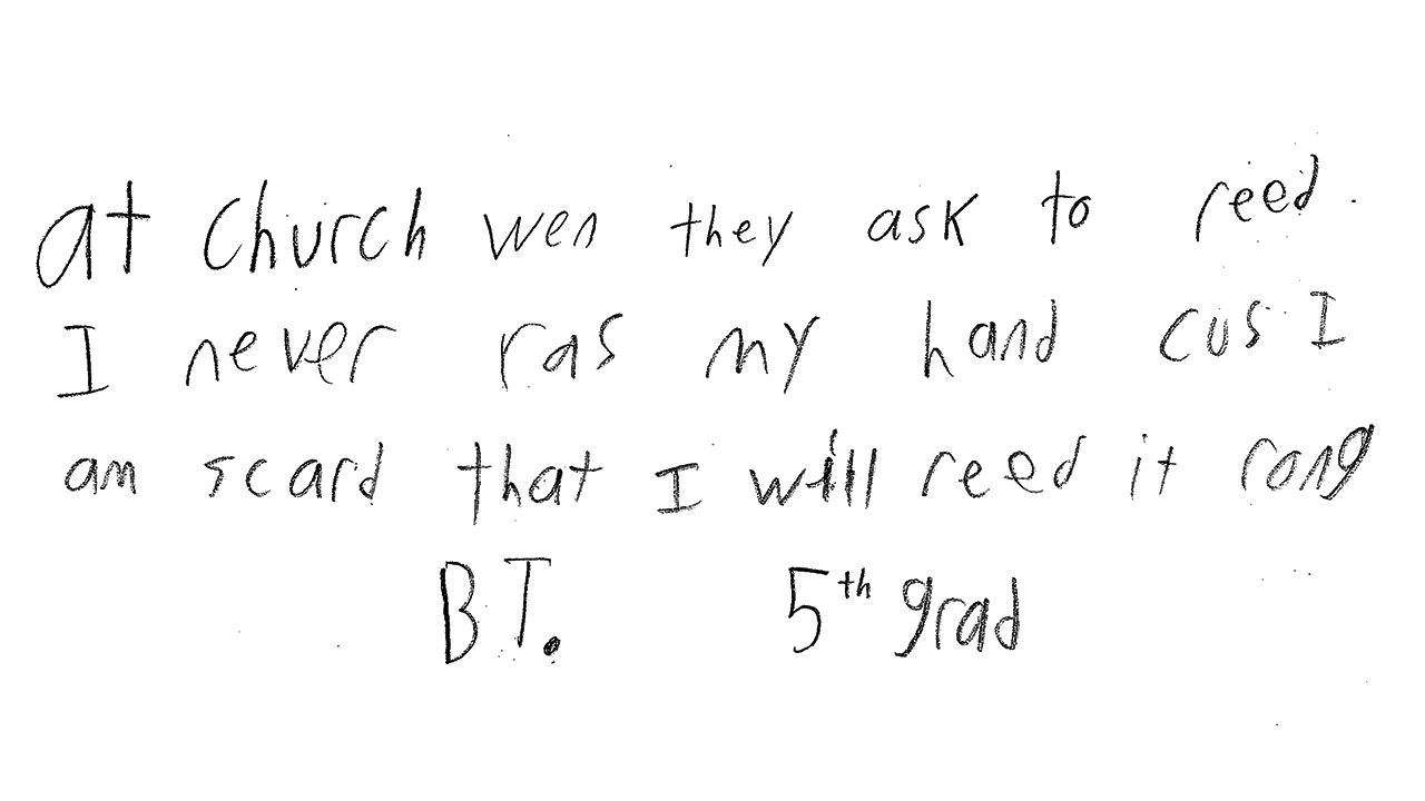 A fifth grader with dyslexia, one of Lori Steiner Jans’ students, was excited to write about his church school experience to illustrate his teacher’s article. His parents gave permission to share it. — Lori Steiner Jans