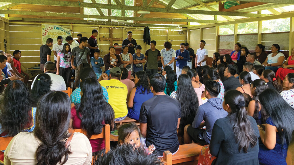 Congregants worship at Living Water Evangelical Church in Zábalo, Ecuador, in February 2023. — Jerrell Ross Richer/MMN