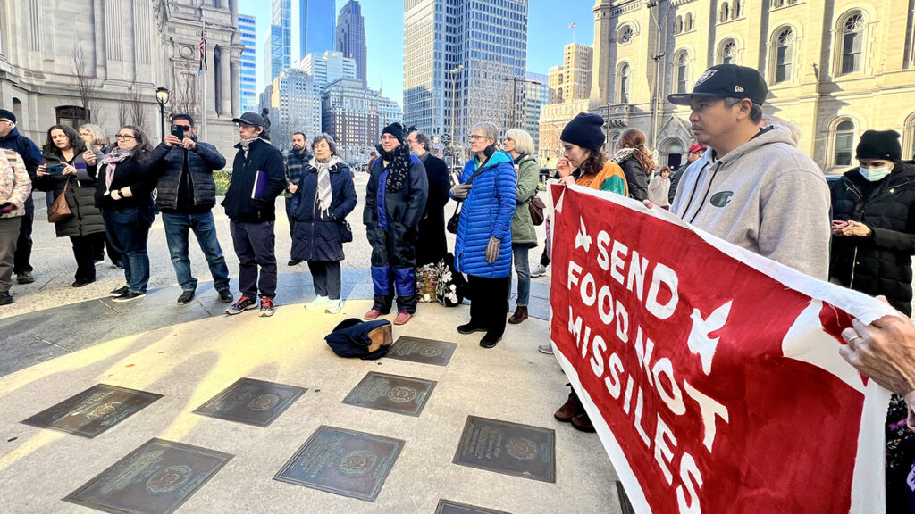 Demonstrators call for a cease-fire in Gaza March 25 outside Philadelphia’s City Hall. — Mennonite Action
