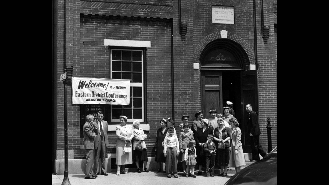 First Mennonite Church of Philadelphia hosts Eastern District Conference for a meeting in 1956. The congregation sold the building and moved to the suburb of Huntingdon Valley in 1963. — First Mennonite Church of Philadelphia