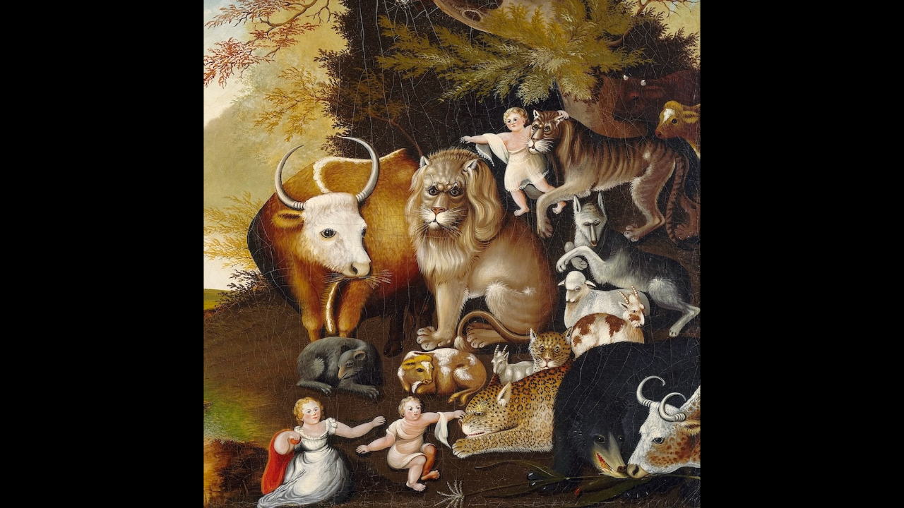 Painting of wild animals and children playing