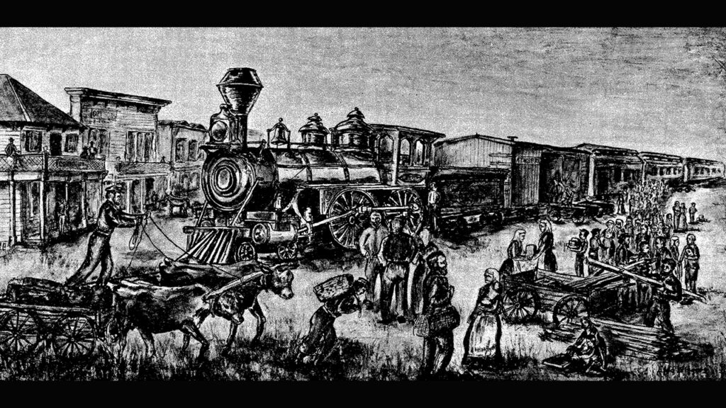 A drawing by Eldo Wiggers for the June 20, 1974, edition of Mennonite Weekly Review depicts the immigrants’ arrival at Peabody, Kan.