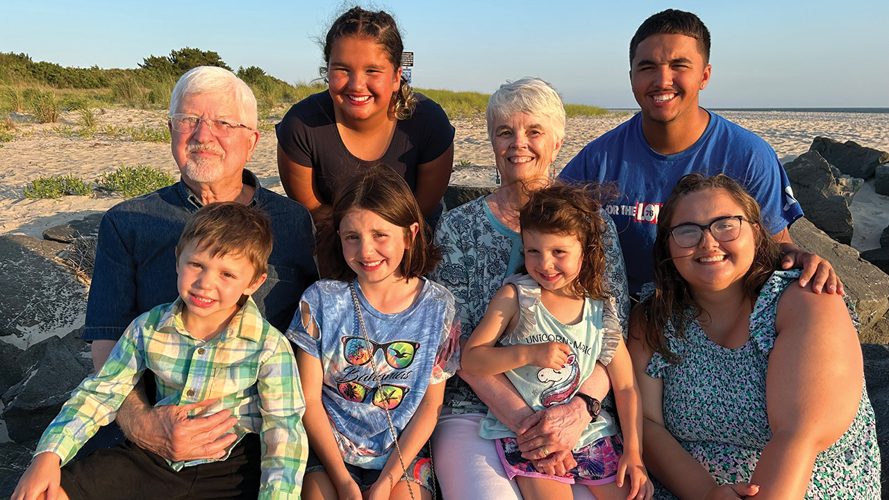Harriet and Dale Bicksler with their grandchildren at Cape May, N.J., in 2023. Back: Selena Espinosa and Justis Espinosa. Front: Will Bicksler, Piper Bicksler, Lucy Bicksler and Alecia Espinosa. — Derek Bicksler