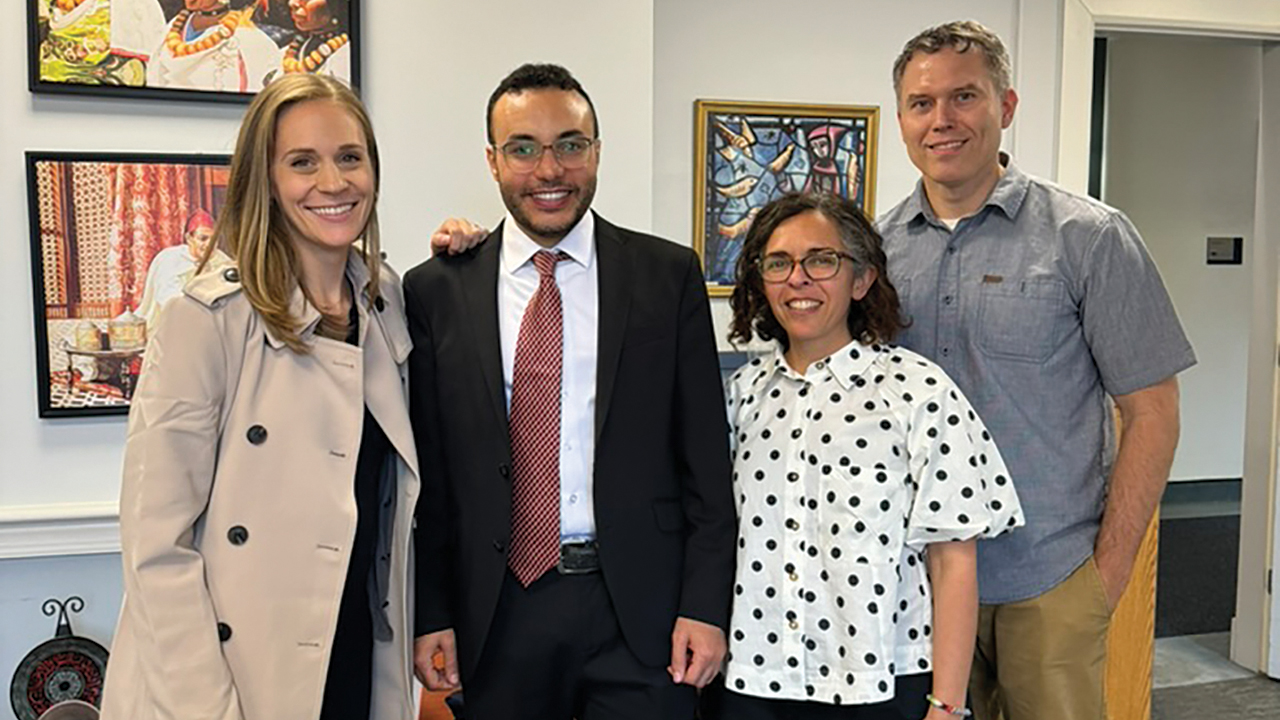 Members of the Theology and Religious Studies program at Georgetown University gathered for Mohamed Lamallam’s dissertation defense in May. From left are Jordan Denari Duffner, Lamallam, Halla Attallah and Kevin Gasser. — Courtesy of Kevin Gasser