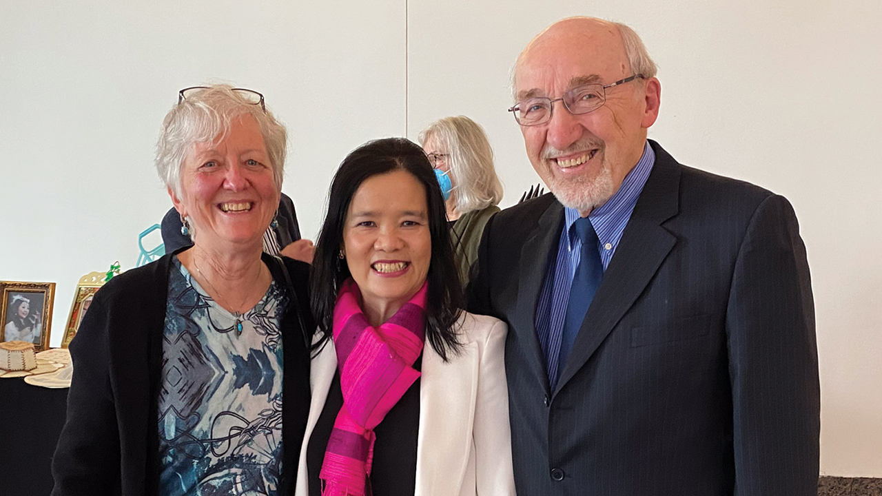 Bill Janzen, right, who was recently appointed to the Order of Canada, and his wife, Marlene Janzen, left, stand with heartsoffreedom.org lead researcher and curator Stephanie Stobbe at an event at the Senate of Canada in May. — Stephanie Stobbe