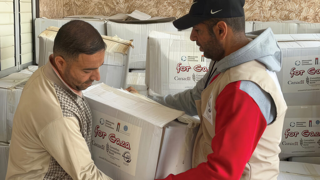 Al-Najd Developmental Forum staff distribute emergency food March 23 in Gaza. Names are withheld for security reasons. — Al-Najd Developmental Forum