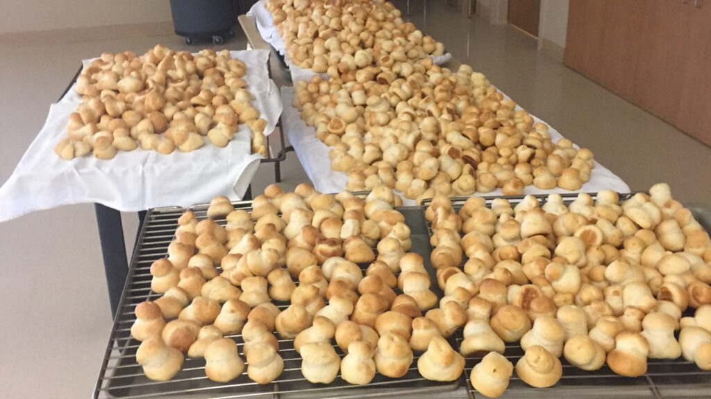 About 1,000 zwieback were made for the faspa meal after the wedding of Molly and Harrison Wiebe Faber at Hillsboro Mennonite Brethren Church in Kansas. — Molly Wiebe Faber