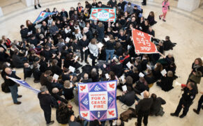About 135 activists sing hymns and chant for a cease-fire in Gaza Jan. 16, 2024, in the rotunda of the House of Representatives’ Cannon House Office Building in Washington, D.C. —Mennonite Action