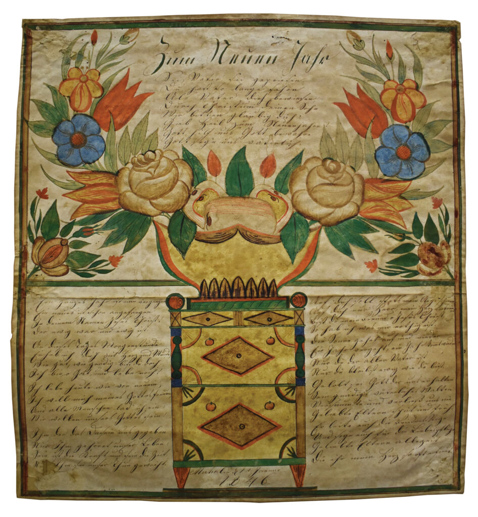 “New Year’s Wish, January 1, 1846,” by an unidentified artist. Fraktur in ink and watercolor on paper. — Kauffman Museum, Bethel College