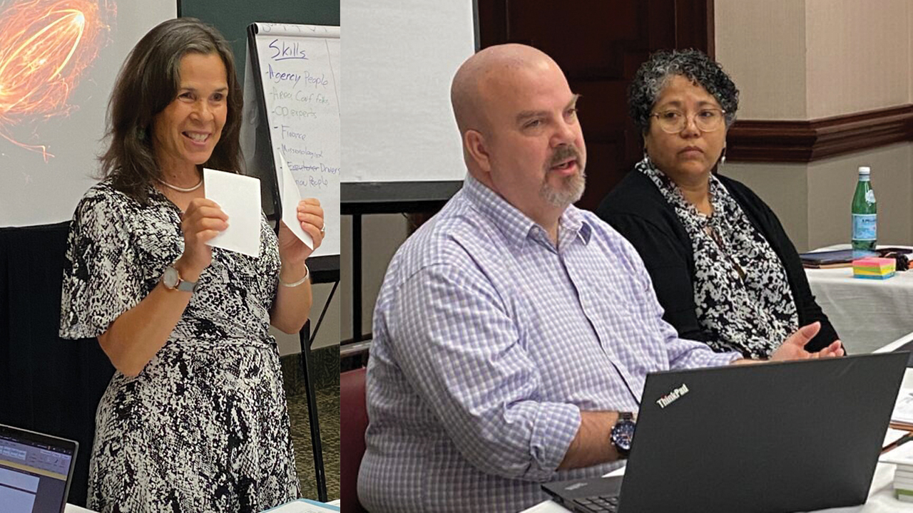 Left: Catherine Barnes of the Center for Justice and Peacebuilding at Eastern Mennonite University leads a board development workshop on decision-making. Right: Randall Justice, chair of the Mennonite Mission Network Board of Directors, and Marisa Smucker, MMN executive director, participate in a review of MMN with the Mennonite Church USA Executive Board, in Greensboro, N.C. — Mennonite Church USA