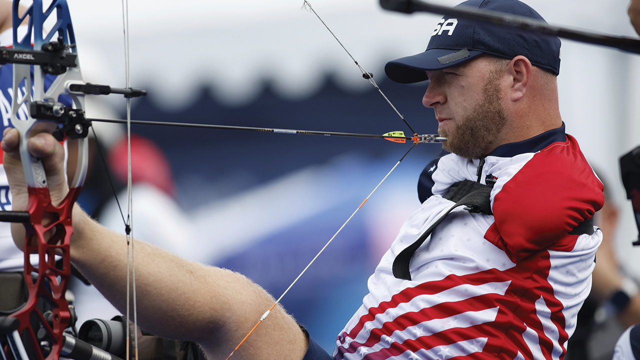 Matt Stutzman competes in individual compound archery Aug. 29 during the Paralympic Games in Paris. — Nathalee Simoneau/Associated Press