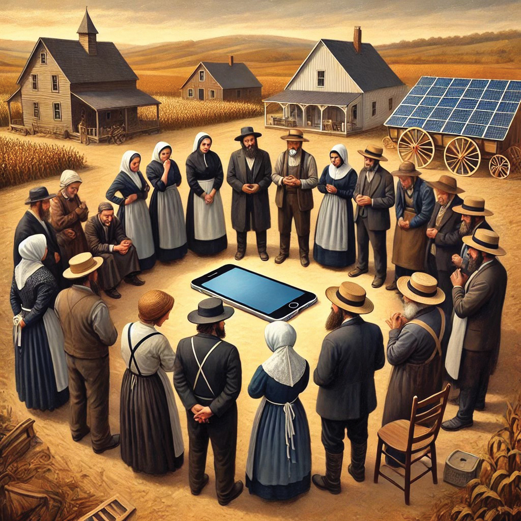 Lisa Schirch used AI to generate this image of “Anabaptist Mennonites deliberating on the use of technology.” She showed it at a meeting in Japan and to Anabaptist groups online. — Courtesy of Lisa Schirch