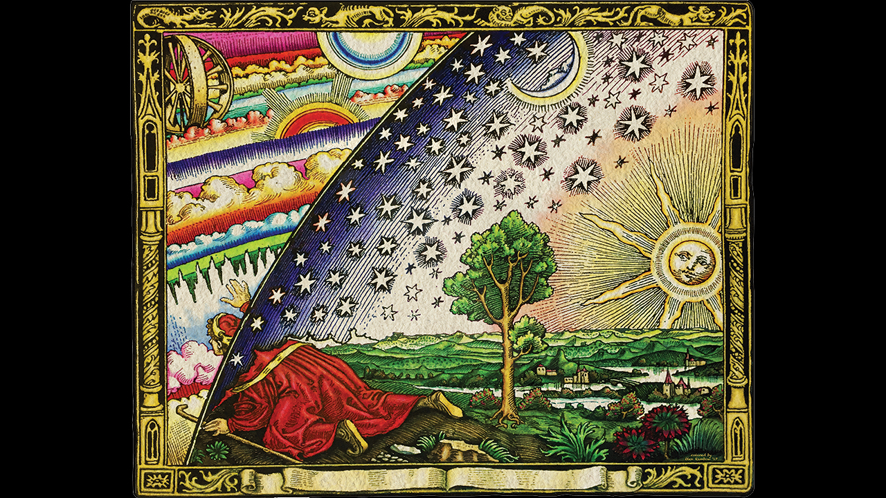 BEHOLD, THE MULTIVERSE — The Flammarion engraving, first published in L’atmosphère: météorologie populaire (The Atmosphere: Popular Meteorology) in 1888. The artist is unknown. Once thought to be a medieval or Renaissance work, it is now considered a 19th-century illustration in an older style. Symbolic of discovery, a man dressed as a pilgrim passes through the firmament and beholds the cosmic machinery. The wheels in the upper left evoke the “wheel within a wheel” of Ezekiel’s vision (Ezekiel 10:10). — Color by Olen Rambow