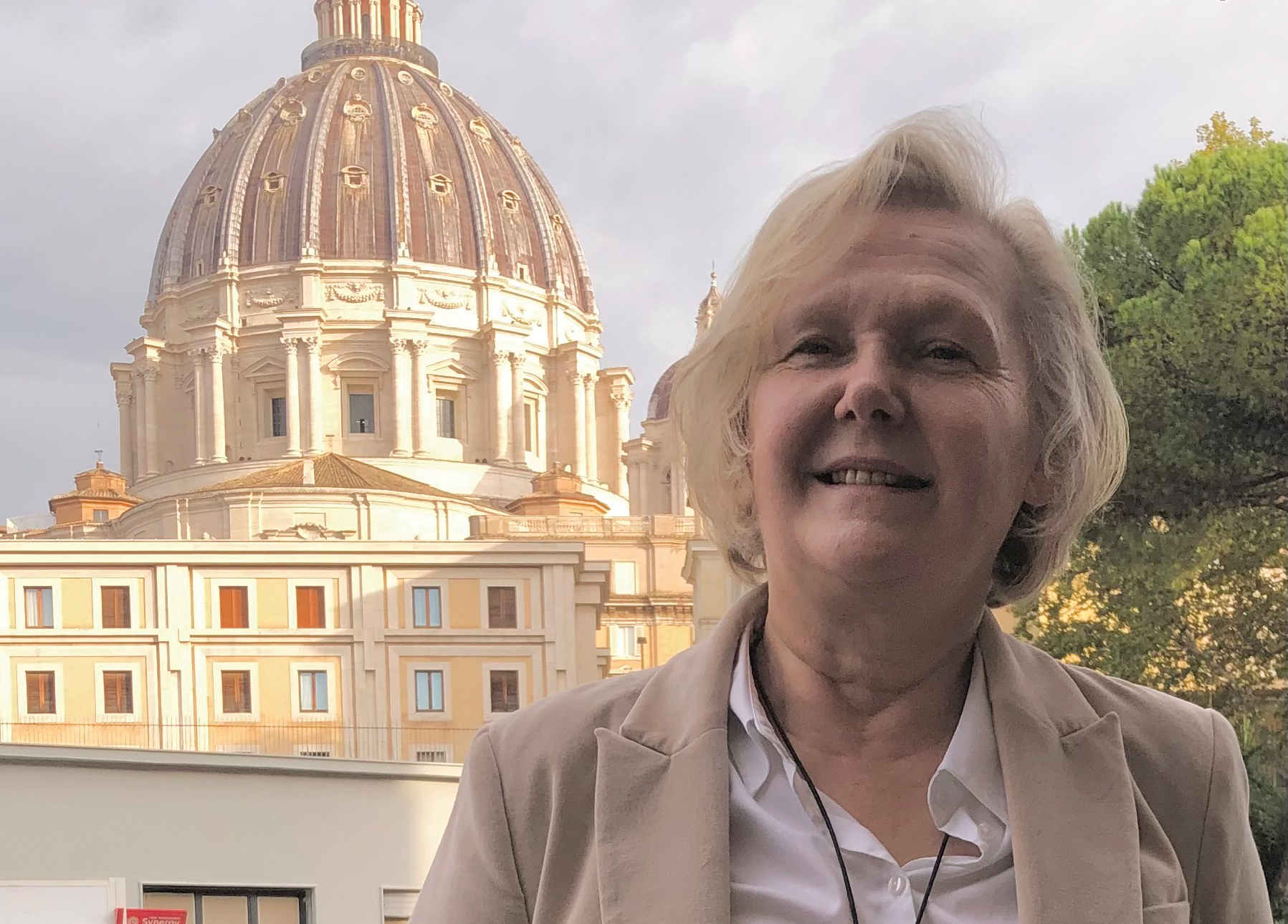 Anne-Cathy Graber, with St. Peter’s Basilica at the Vatican in the background. — John Longhurst/AW