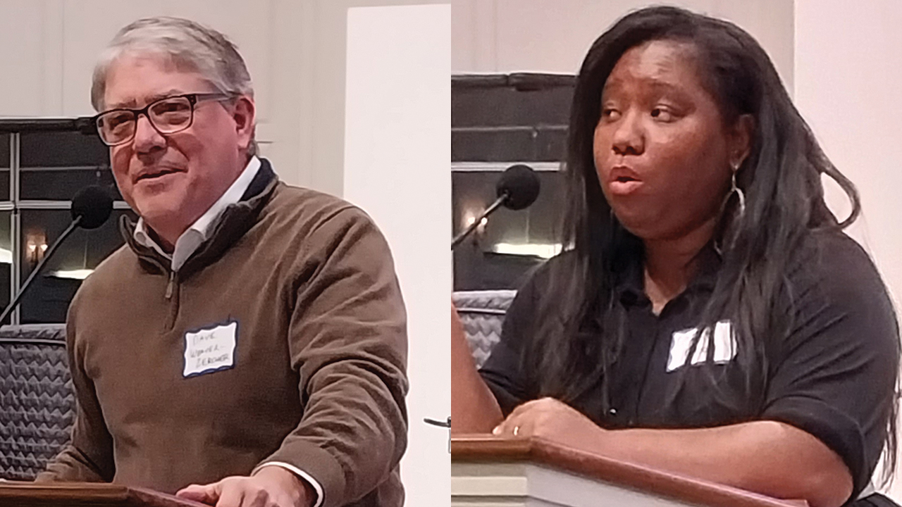 David Weaver-Zercher, Messiah University professor of American religious studies, and pastor/author Osheta Moore speak Nov. 15 at Messiah's “Pursuing Peace in a Messy World” conference. — Eileen Kinch/AW