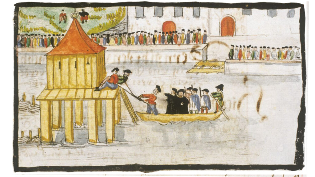 “IF THEY WANT WATER . . .” — The drowning of Anabaptists Jakob Falk and Heini Reimann on Sept. 5, 1528, in Groningen, the Netherlands. Many non-Anabaptist reformers believed the Anabaptists needed to be killed for the good of society and the benefit of religious truth. But peasants and townsfolk displayed an openness to the Anabaptists without much inquiry as to their reputed heretical views. — Abschrift von Bullingers Reformationschronik