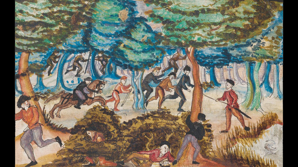 ARM OF THE LAW — Troops raid an Anabaptist gathering near Herrliberg, Switzerland, in 1527, as depicted in an illustration from an early 17th-century manuscript. The fierce persecution that drove the Anabaptist church underground also prevented it from becoming a unified movement. — Zentralbibliothek, Zurich