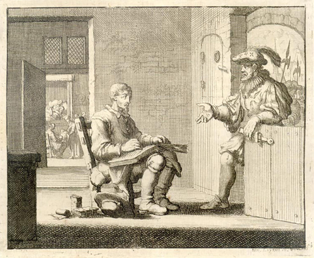 CAUGHT READING THE BIBLE — Andrees Langedul of Antwerp, the Netherlands, was captured while reading the Bible and beheaded on Nov. 8, 1559. Anabaptists believed the common people, not just clergy and scholars, could understand and interpret scripture. — Jan Luyken/Martyrs Mirror