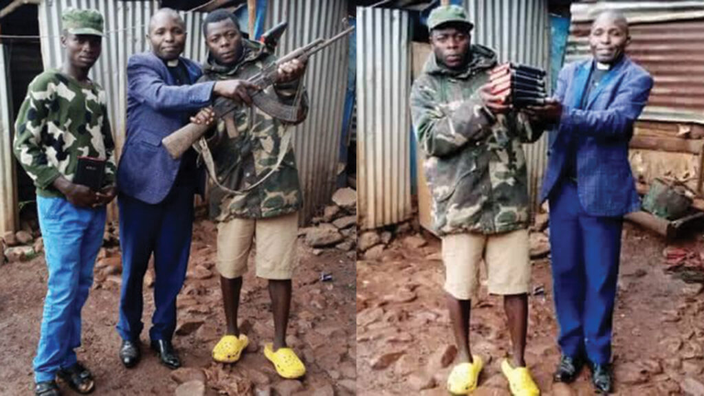 Pastor Jacques Pilipili, coordinator of the Mennonite Brethren Church in North and South Kivu in eastern Congo, distributes Bibles to members of a militia in the Kivu Province, encouraging them to lay down arms, in 2021. Some are now members of the local MB church. — Jacques Pilipili