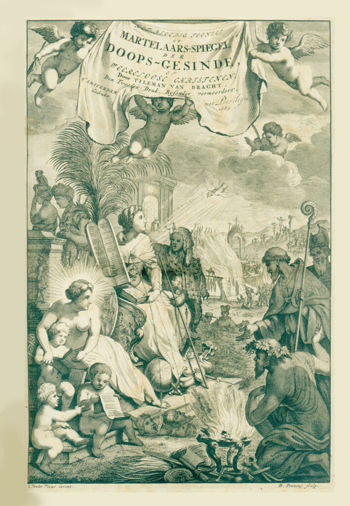 THE BLOODY THEATER — The title page of the 1685 Dutch edition of Martyrs Mirror, the first to include Jan Luyken’s 104 illustrations, is rich in symbolism. The scene — by Dutch artist Vincent Laurensz van der Vinne, in a style much different from Luyken’s — “emphasizes the transcendent significance of the martyrs’ struggle,” says David Weaver-Zercher in Martyrs Mirror: A Social History. The scene’s central female figure represents the church of the martyrs. With blood streaming from her bosom, she experiences the Holy Spirit’s rays of grace while resisting the world’s allures, represented by a deceitful flatterer dressed in animal skins. The second woman, teaching a child, represents truth. In the distance, the “defenseless throng,” having experienced martyrdom, enter the “portal of the cross” on their way to the “palace of salvation,” as described by an explanatory key that decodes the various images. — Mennonite Library and Archives, Bethel College