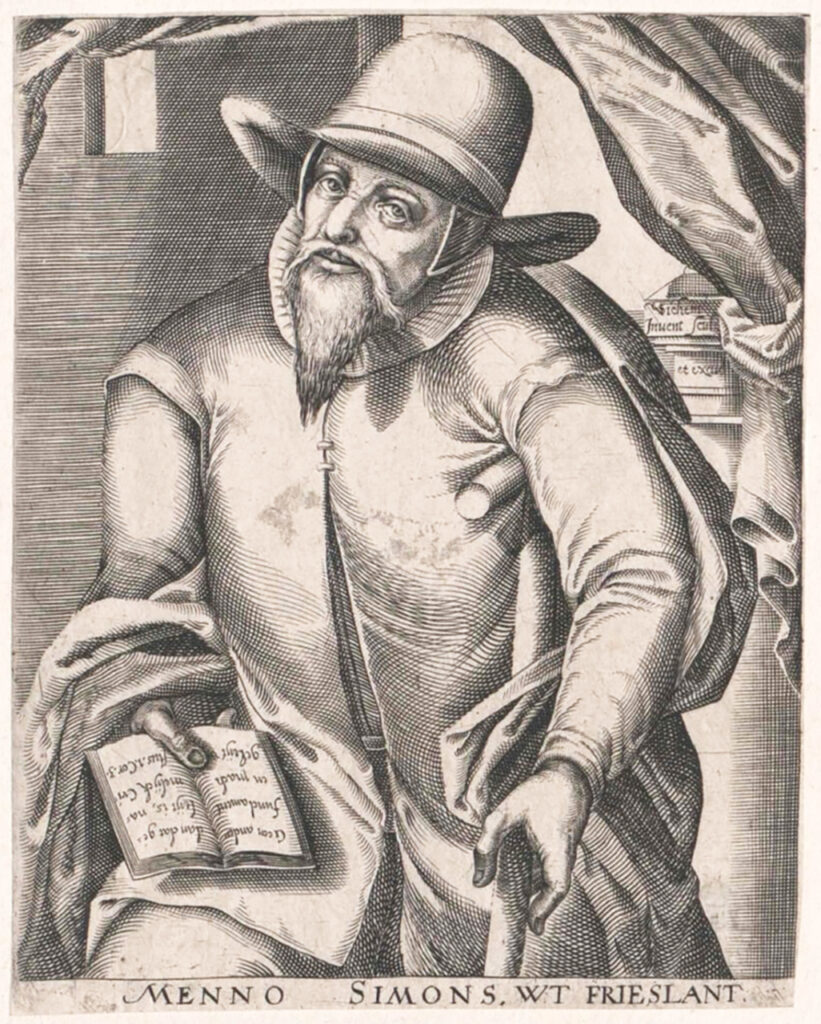 HIS NAME LIVES ON — A 1677 portrait of Menno Simons, with Bible and crutch, by Christoffel van Sichem. Menno signed some of his letters, “Your brother, the cripple.” — Rijksmuseum, Amsterdam