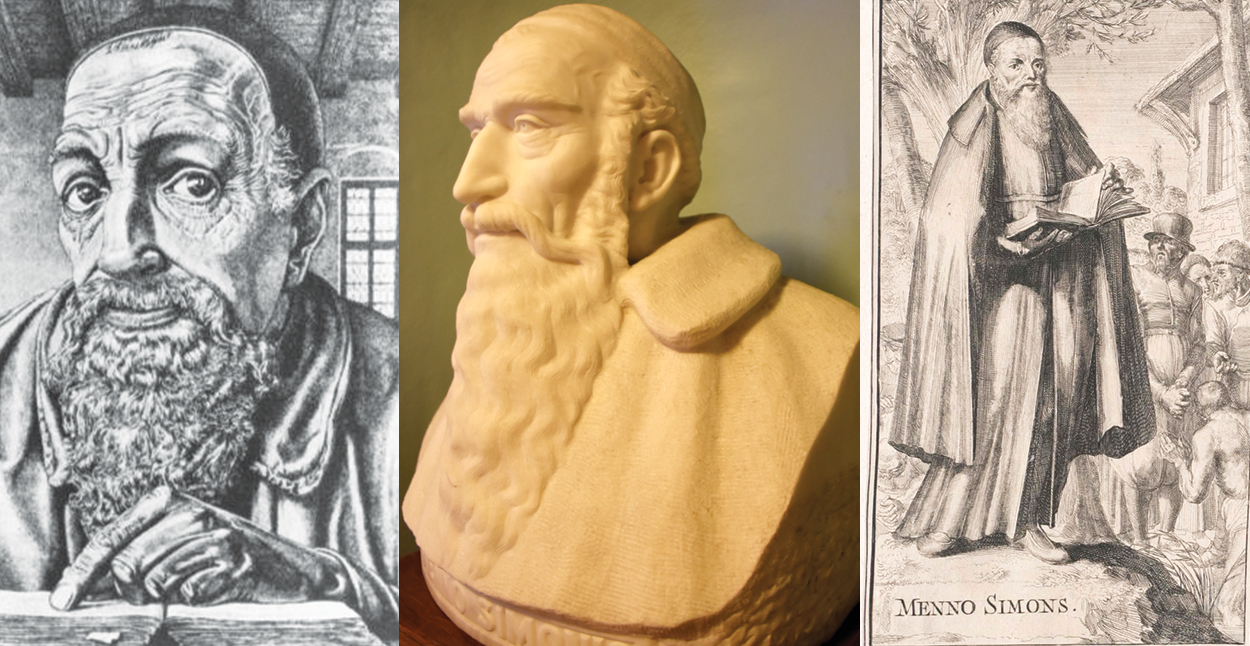 MYSTERY MAN — Since no portrait was made in Menno’s lifetime, we don’t know what he looked like. Left: By Arend Hendriks, commissioned by the Dutch Mennonite Conference, 1948. Center: Marble bust by John Peter Klassen, Musselman Library, Bluffton University. Right: By Romeyn de Hooghe, 1701, Austrian National Library.