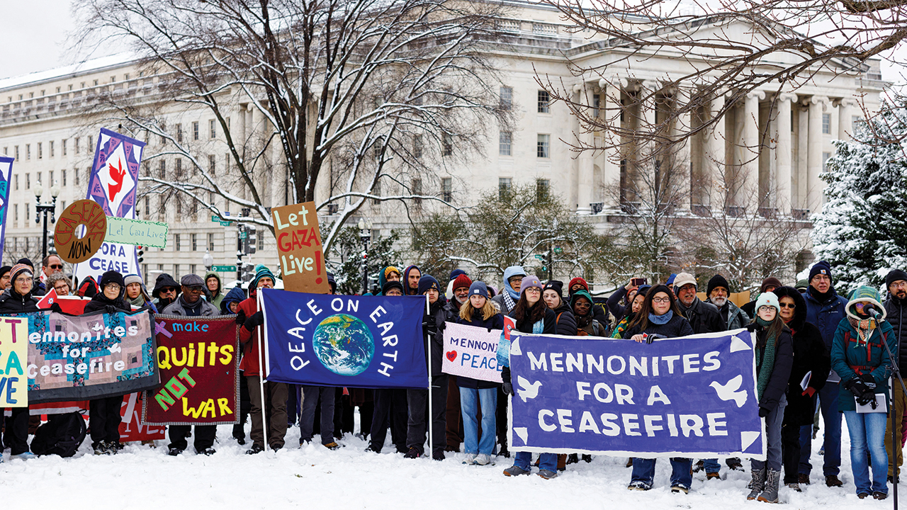 VOICES OF PROTEST — Organized by Mennonite Action, people from across the United States gather outside the U.S. Capitol and the Cannon House Office Building on Jan. 16, 2024, calling for a cease-fire in Gaza. — Rachel Schrock Photography