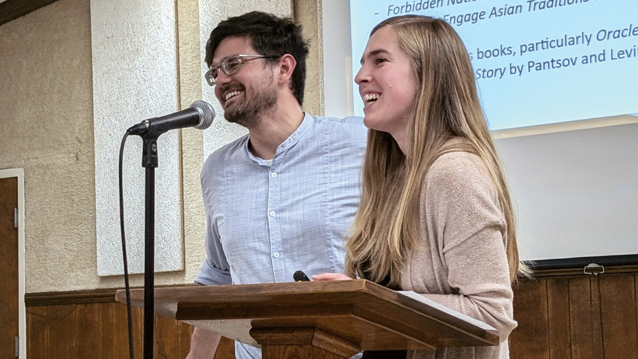 Caleb and Stephanie Schrock-Hurst present about their upcoming service placement with Mennonite Christian Hospital in Taiwan through Mennonite Mission Network and Virginia Mennonite Missions. — Elizabeth Eby/MMN