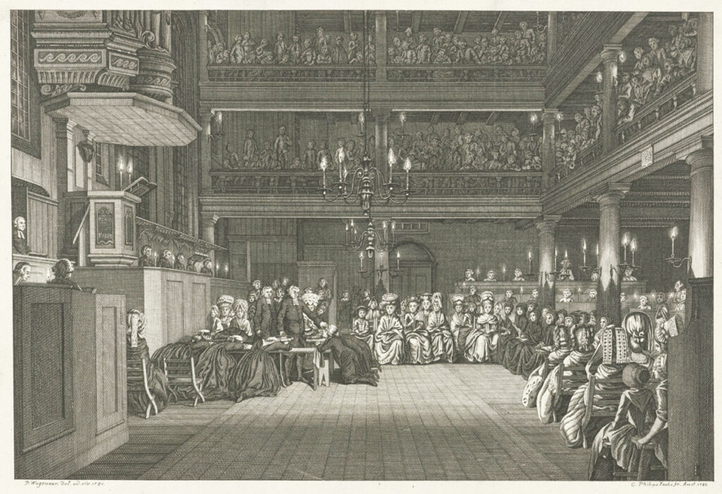 FROM PERSECUTION TO PROSPERITY — After the last execution of an Anabaptist in Holland in 1574, the Dutch Republic tolerated Anabaptists, and an era of prosperity followed. A 1782 etching depicts a baptismal service at the “Bij ’t Lam” (Church of the Lamb) in Amsterdam. — Rijksmuseum, Amsterdam