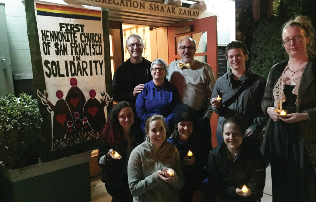 A singing vigil by members of First Mennonite Church of San Francisco at its Jewish host, Congregation Sha’ar Zahav. —Courtesy of Pat Plude