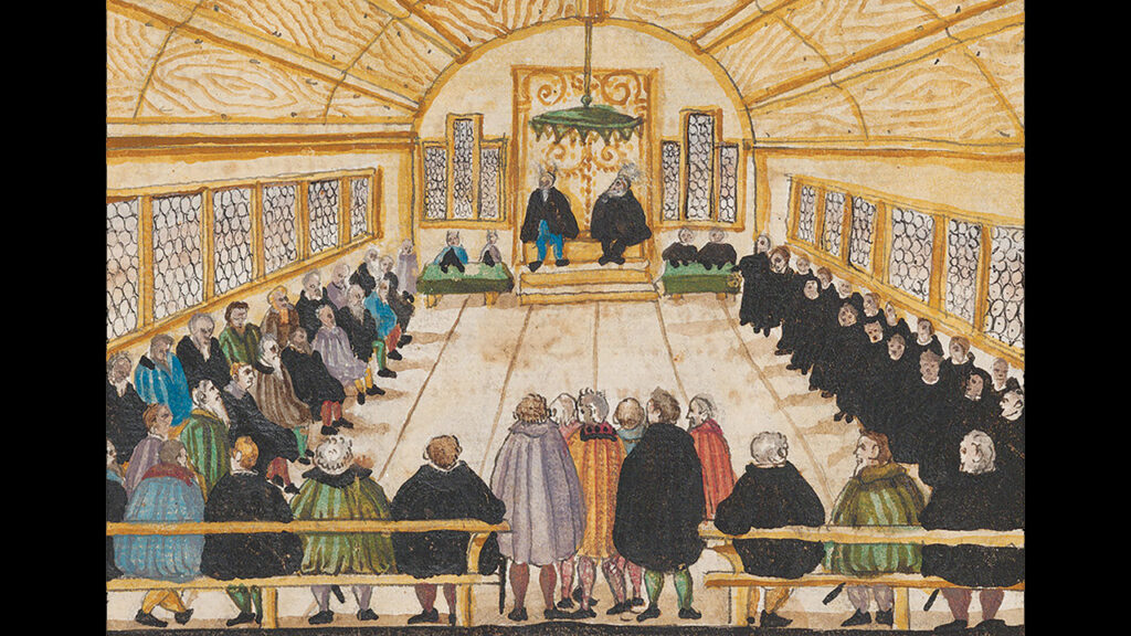 THE GREAT DEBATE — In a 16th-century illustration, Conrad Grebel, Felix Manz and Wilhelm Reublin (bottom) debate the question of baptism with the secular lords (left) and theologians (right), on Jan. 17, 1525. The next day, the Zurich City Council ordered all who had not baptized their children to do so within eight days or be expelled from the city. — Zentralbibliothek, Zurich